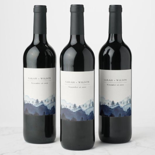Rustic Ink Blue Navy Pine Bossen Mountain Weddensc Wijn Etiket (Flessen)
