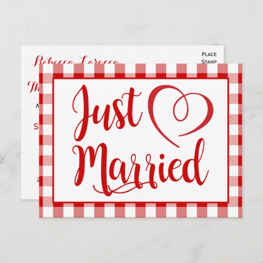 Rustic is net getrouwd met Red Gingham checkt brui Aankondigingskaart (Voorkant / Achterkant)