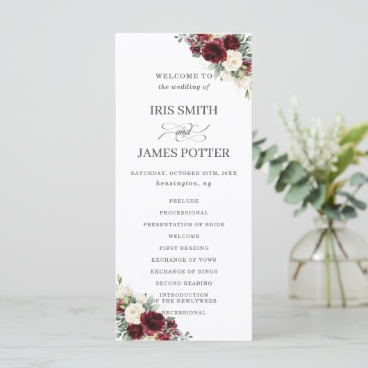 Rustic Ivory Bourgogne Floral Wedding Programme (Debout devant)