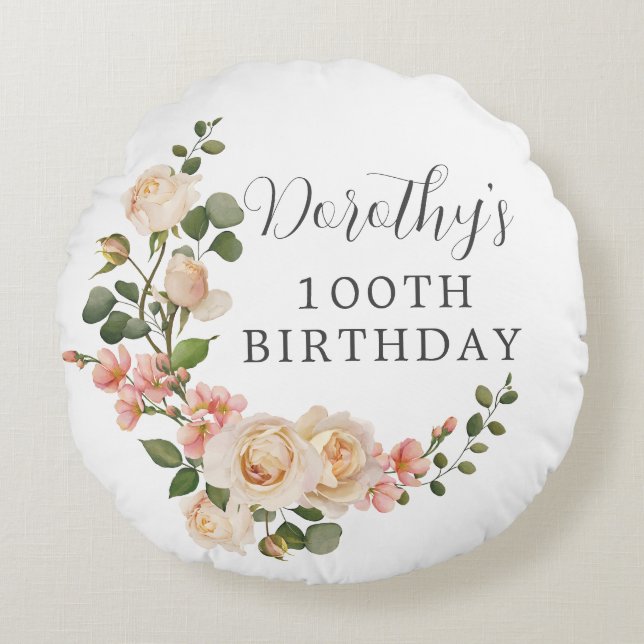 Rustic Ivory White Floral 100th Birthday Gift Rond Kussen (Voorkant)