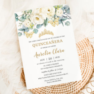 Rustic Ivory White Floral Eucalyptus Quinceañera Kaart