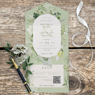 Rustic Ivy Ferns & Greenery Sage Green QR Code All In One Uitnodiging