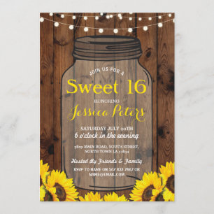 Rustic Jar Sweet 16 Party Wood Sunflower Invite Kaart