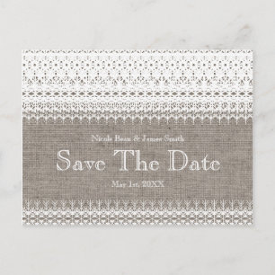 Rustic Jute & Elegante Kant Trouwkaart 'Save the D Aankondigingskaart