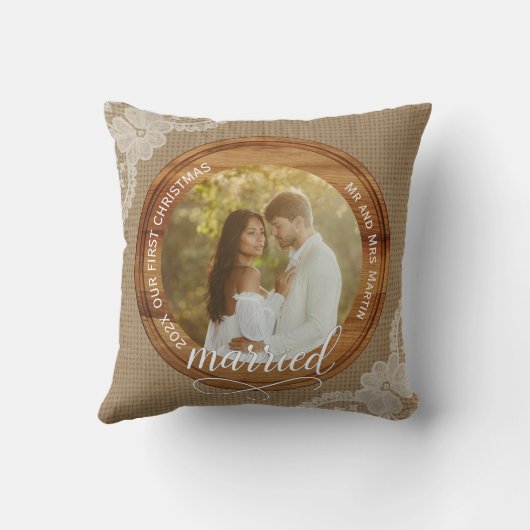 Rustic Jute en Kant Eerste Kerst Mis Kussen (Achterkant)