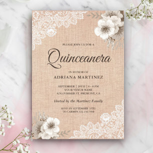 Rustic jute kant ivoor bloemige Quinceanera Kaart