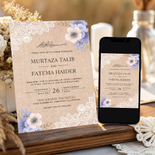 Rustic jute kant paarse bloem islamitische bruilof kaart
