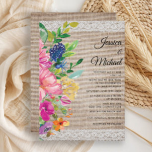 Rustic Jute Kant Roze Blauwe Bloem Bruiloft Kaart