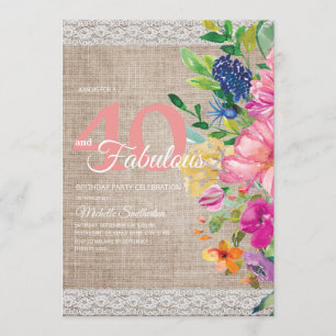 Rustic Jute Kant Roze Blauwe Bloemen 40e Verjaarda Kaart