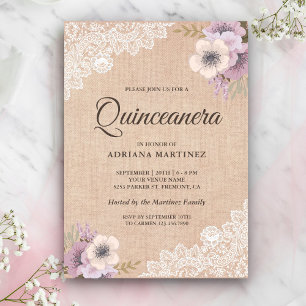 Rustic jute kant roze bloemige Quinceanera Kaart