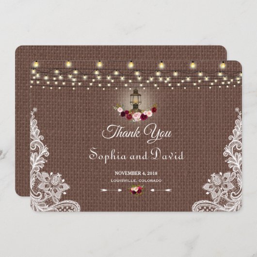 Rustic jute kant slingerlichten bruiloft bedankt (Voorkant / Achterkant)