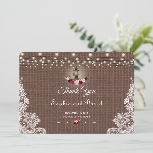 Rustic jute kant slingerlichten bruiloft bedankt (Staand voorkant)