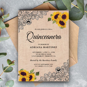 Rustic Jute Zwarte Kant Zonnebloem Quinceanera Kaart