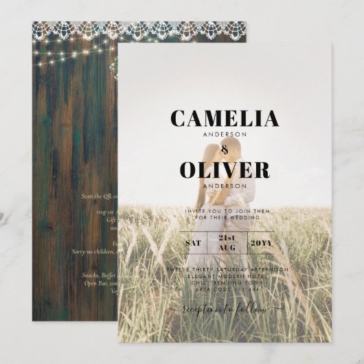 Rustic Kanten Gipsbloem Lichtjes in Hoge Pot Trouw Kaart (Voorkant / Achterkant)