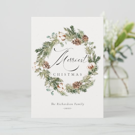 Rustic katoenen denneappel feestelijk kerstkrans feestdagenkaart (Staand voorkant)