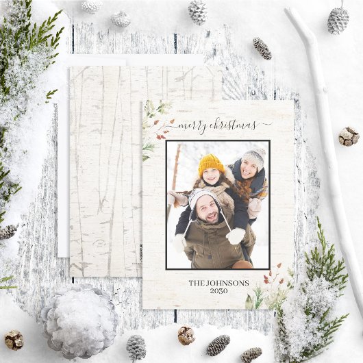 Rustic Kerst Neutral Natural Birch Foto Feestdagenkaart