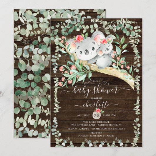 Rustic Koala Bear Girls Baby shower Invitation (Devant / Derrière)
