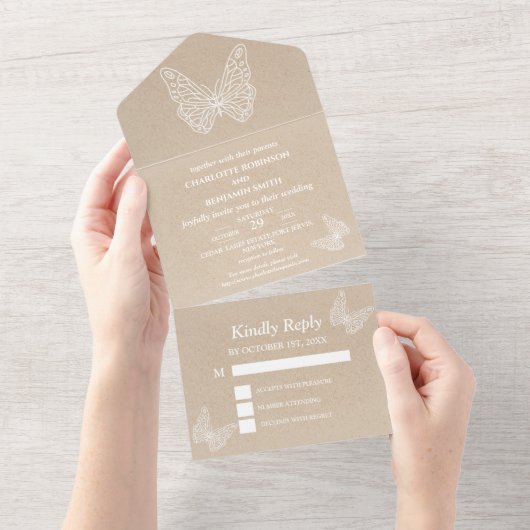Rustic Kraft and Butterfly Wedding All In One Uitnodiging (Afscheurbaar)