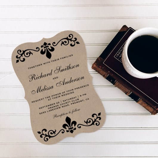 Rustic Kraft Black Flourish Wedding Invitation Kaart