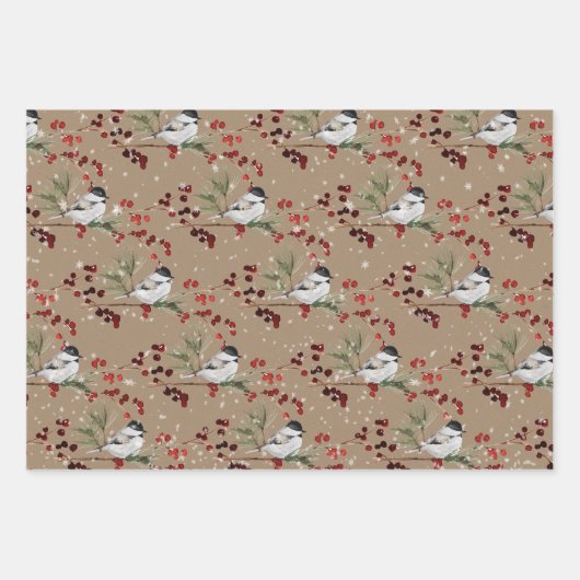 Rustic Kraft Black Pet Chickadee Birds & Berries 2 Inpakpapier Vel (Voorkant)