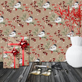 Rustic Kraft Black Pet Chickadee Birds & Berries Cadeaupapier