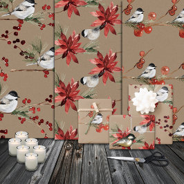 Rustic Kraft Black Pet Chickadee Birds & Berries Inpakpapier Vel