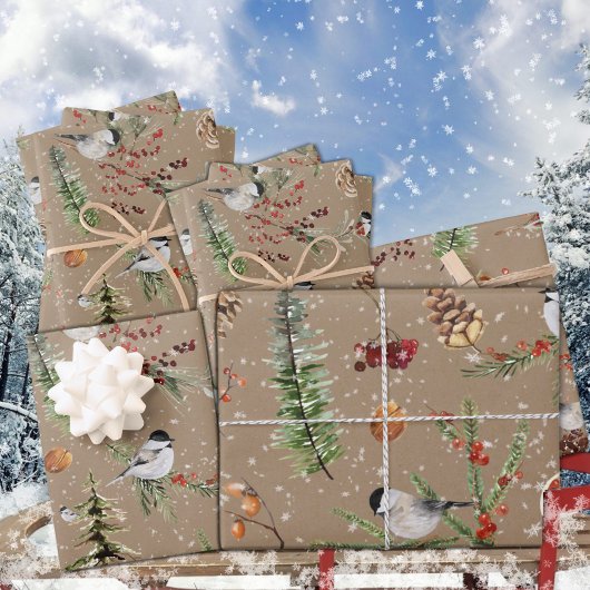 Rustic Kraft Black Pet Chickadee kerst Inpakpapier Vel