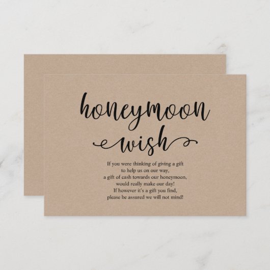 Rustic kraft black script, Wedding Honeymoon Wish Informatiekaartje (Voorkant / Achterkant)