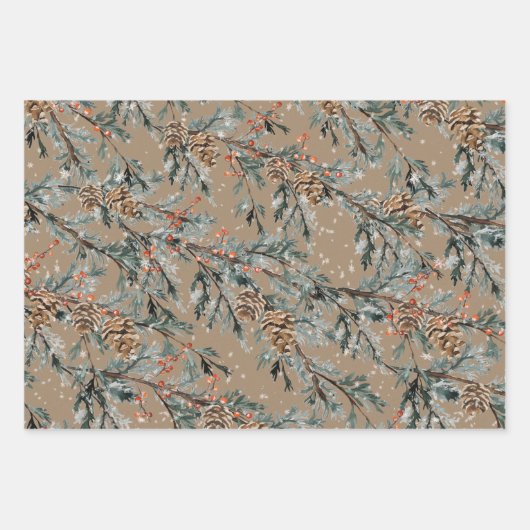 Rustic Kraft Blue Juniper Branch Cones Ilex Berry Inpakpapier Vel (Voorkant)