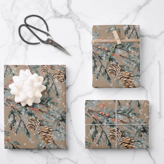 Rustic Kraft Blue Juniper Branch Cones Ilex Berry Inpakpapier Vel (Voorkant)