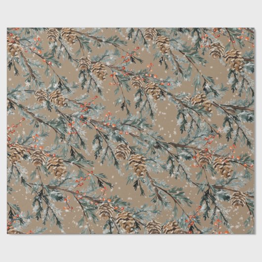 Rustic Kraft Blue Juniper Branches Cones & Berries Cadeaupapier (Vlak)
