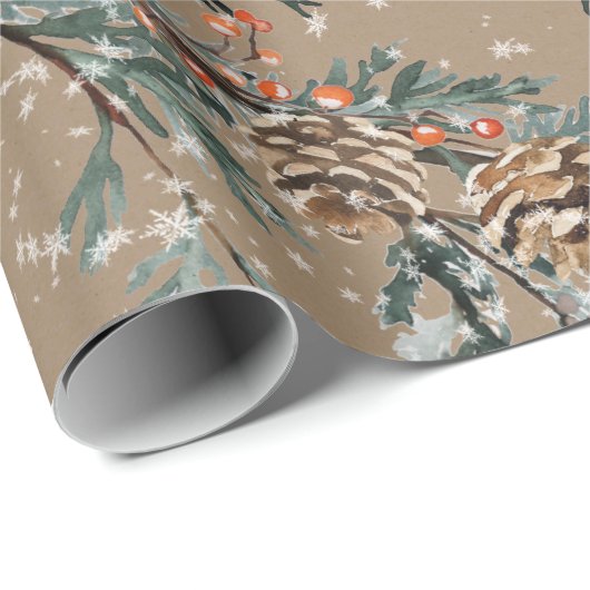 Rustic Kraft Blue Juniper Branches Cones & Berries Cadeaupapier (Rol Hoek)