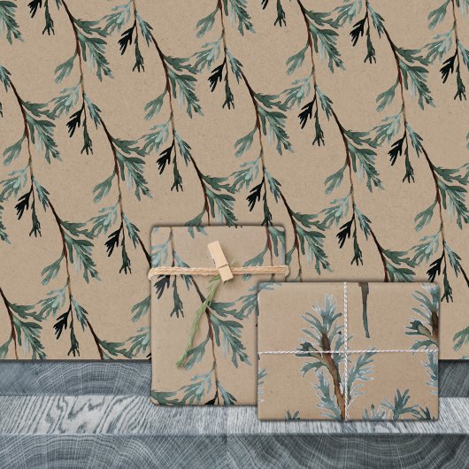 Rustic Kraft Blue Juniper Tree Branches Inpakpapier Vel