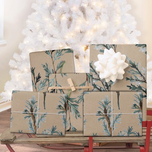 Rustic Kraft Blue Juniper Tree Branches Inpakpapier Vel