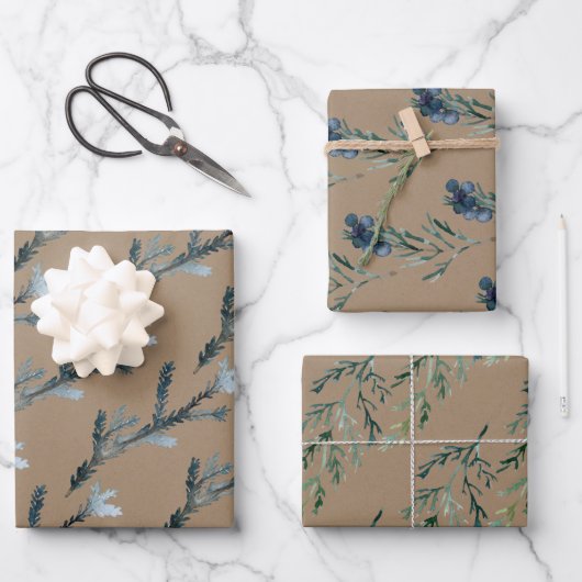 Rustic Kraft Blue Spruce Juniper Branches Berries Inpakpapier Vel (Voorkant)
