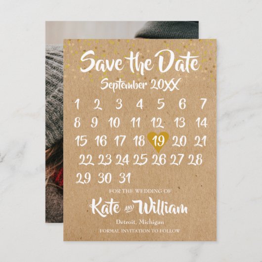 Rustic Kraft Boho Calendar Save the Date Photo Aankondigingskaart (Voorkant / Achterkant)