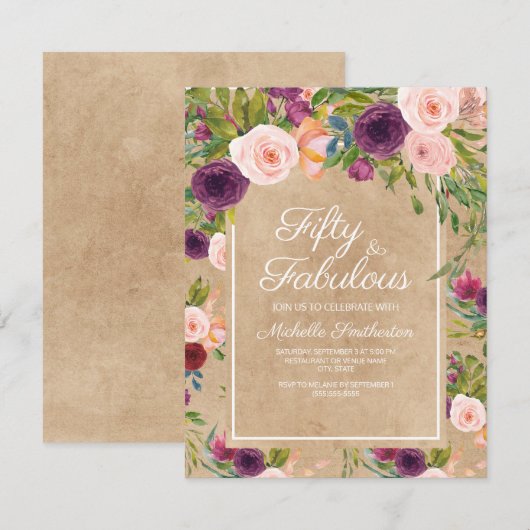 Rustic Kraft Boho Plum Blush Floral 50th Birthday Kaart (Voorkant / Achterkant)