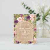 Rustic Kraft Boho Plum Blush Floral Wedding Invite Kaart (Staand voorkant)