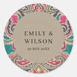 RUSTIC KRAFT BOHO TRIBAL IKAT PINK BLAUWGROEN WEDI RONDE STICKER