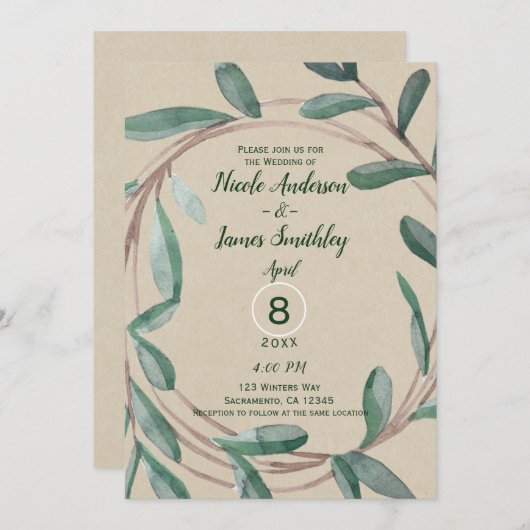 Rustic Kraft Botanical Wreath Leaf Wedding Kaart (Voorkant / Achterkant)
