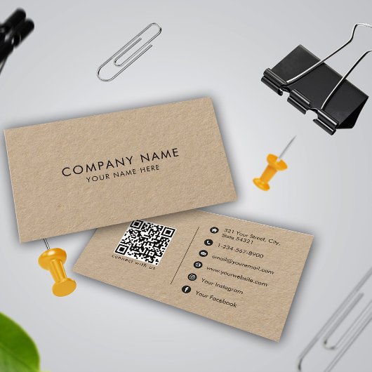 Rustic Kraft Brown Minimalist Social Media QR Code Visitekaartje