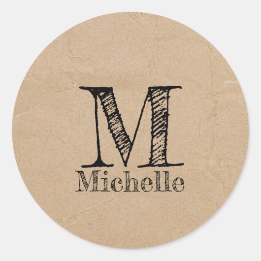 Rustic Kraft Brown Paper Kijk Monogram Ronde Sticker (Voorkant)