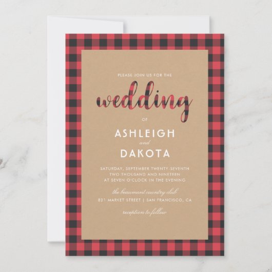 Rustic Kraft & Buffalo Plaid Script Wedding Kaart (Voorkant)