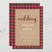 Rustic Kraft & Buffalo Plaid Script Wedding Kaart (Voorkant / Achterkant)