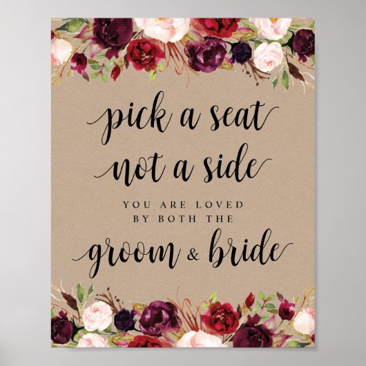 Rustic Kraft Burgundy Floral Ceremony Pick a seat Poster (Voorkant)