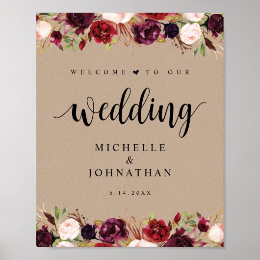Rustic Kraft Burgundy Floral Wedding Welcome Post Poster (Voorkant)