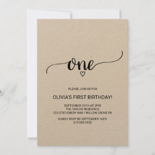 Rustic Kraft Calligraphy First Birthday Kaart