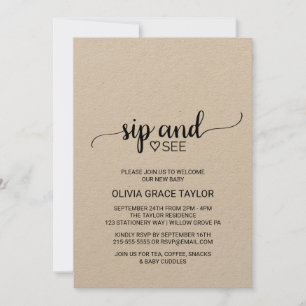 Rustic Kraft Calligraphy Sip and See Kaart