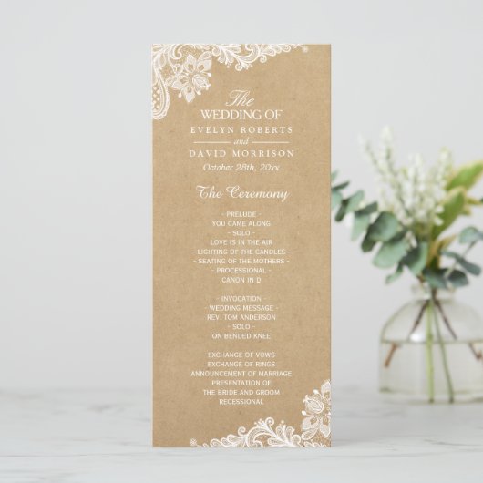 Rustic Kraft Classy White Lace Wedding Programme (Debout devant)