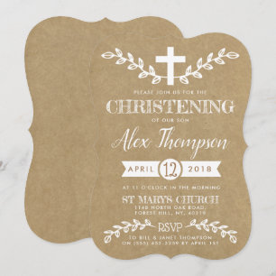 Rustic Kraft Cross & Foliage Christening Kaart